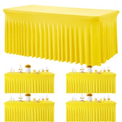 4 Pack Yellow Spandex Tablecloths for 6 Foot Rectangle Tables, Wrinkle Free Lemon Fitted Tablecover 6ft Stretchy Table Clothes Desk Skirt for Weddings Birthday Party Banquet Baby Shower