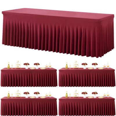 4 Pack Burgundy Spandex Tablecloths for 8 Foot Rectangle Tables, Wrinkle Free Fitted Tablecover 8ft Maroon Stretchy Table Clothes with Skirt for Weddings Birthday Party Banquet Baby Shower