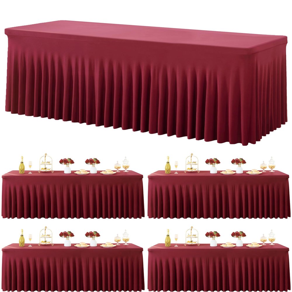 4 Pack Burgundy Spandex Tablecloths for 8 Foot Rectangle Tables, Wrinkle Free Fitted Tablecover 8ft Maroon Stretchy Table Clothes with Skirt for Weddings Birthday Party Banquet Baby Shower