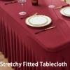 4 Pack Burgundy Spandex Tablecloths for 8 Foot Rectangle Tables, Wrinkle Free Fitted Tablecover 8ft Maroon Stretchy Table Clothes with Skirt for Weddings Birthday Party Banquet Baby Shower view 2