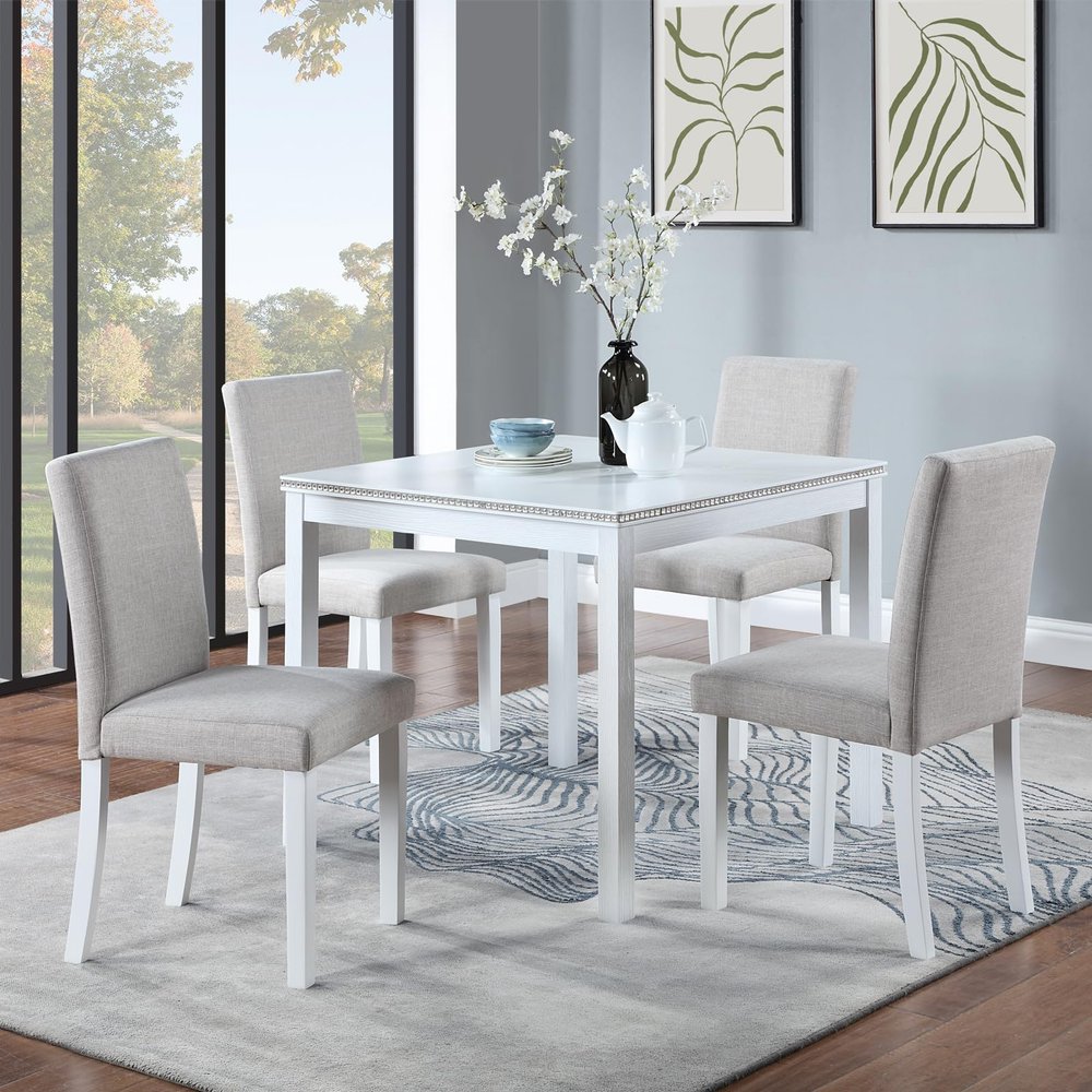 5-Piece Solid Wood and MDF Dining Table Set with Upholstered Chairs and Decorative Crushed Diamond Edges - Spacious Design for Home, Kitchen,Dining Room (4 x Chairs White,30"H Square Table)