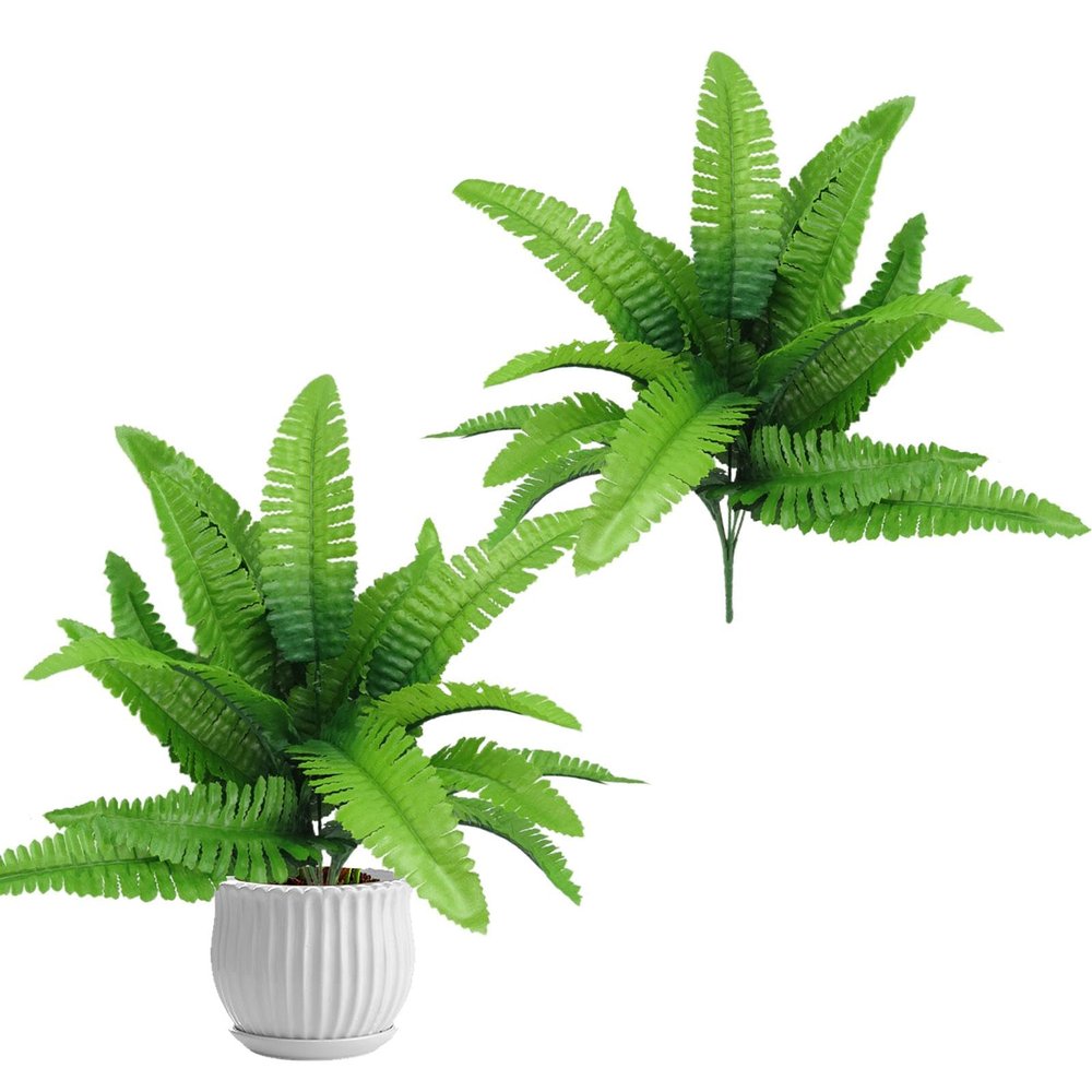 2 Artificial Ferns for Outdoors, UV Resistant Lifelike Boston Fern Green Plants, Faux Ferns Fake Ferns Artificial Plants, Detailed Garden Greenery Ornaments for Entrance Home Windowsill Yards
