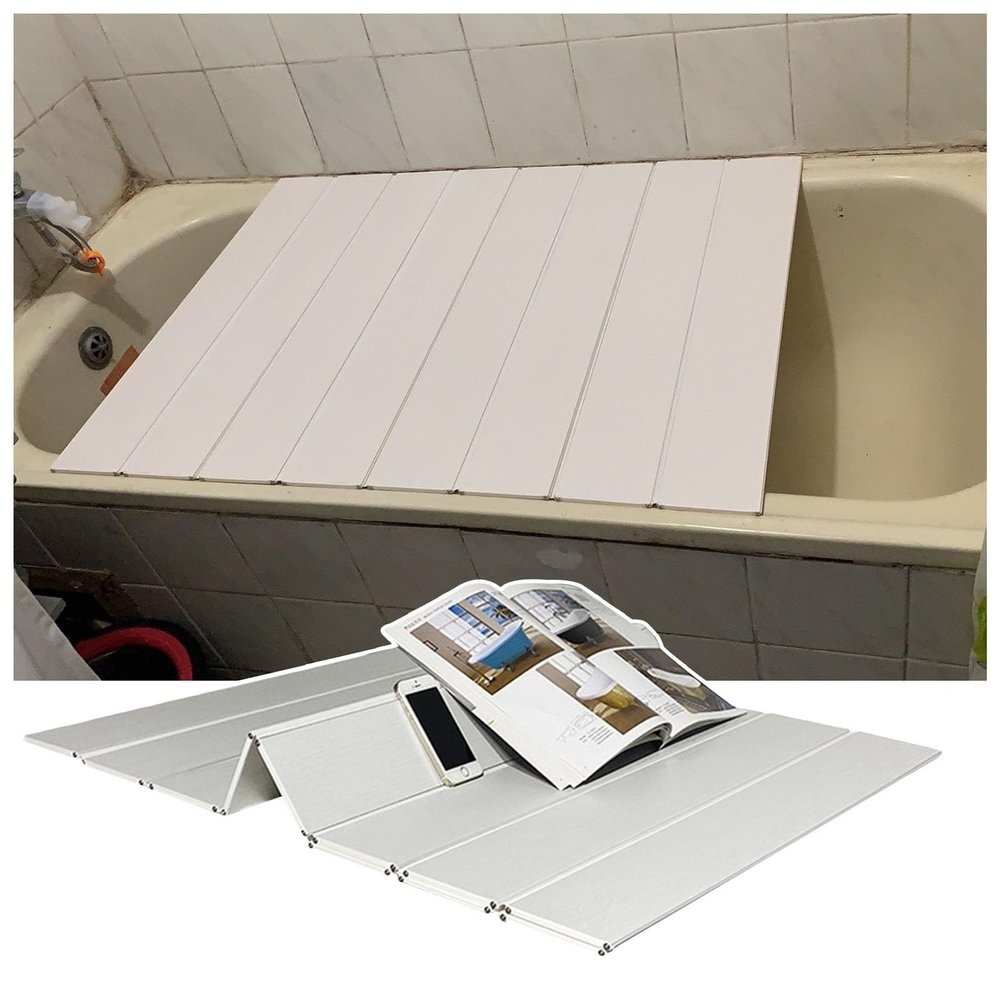 Bathtub Tray Foldable PVC Bathtub Cover Shutter Bath Lid, Bathtub Insulation Cover Dust Board, Multifunction Waterproof Bathtub Tray for Phone Tablet Bracket Multifunctional (Color : White, Size : 7