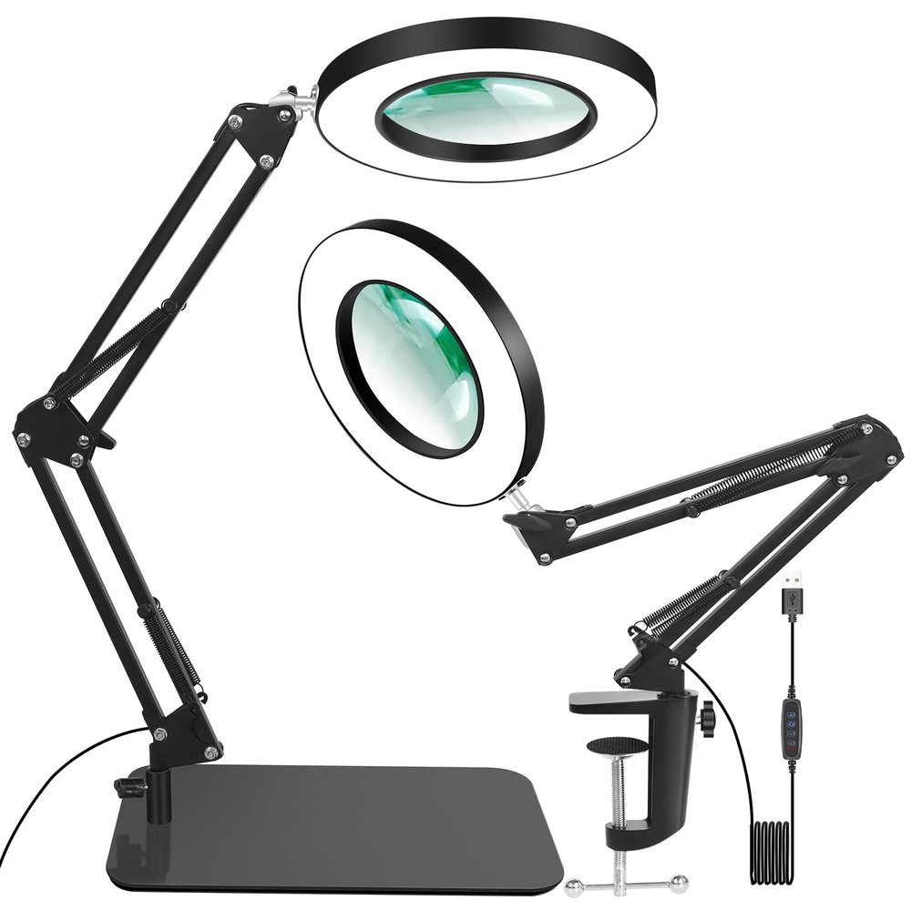 VITOTC 12X Magnifying Glass with Light and Clamp, Real Glass Stand Lighted Magnifier, 5 Color Modes Stepless Dimmable LED Desk Lamp Hands Free for Crafts Hobby Reading Painting Sewing Close Work