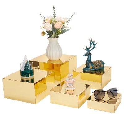 Jolboldy 5-Pack Gold Mirrored Acrylic Display Risers, Nesting Stands for Dessert Buffet Table, Jewelry, Perfume & Collectibles