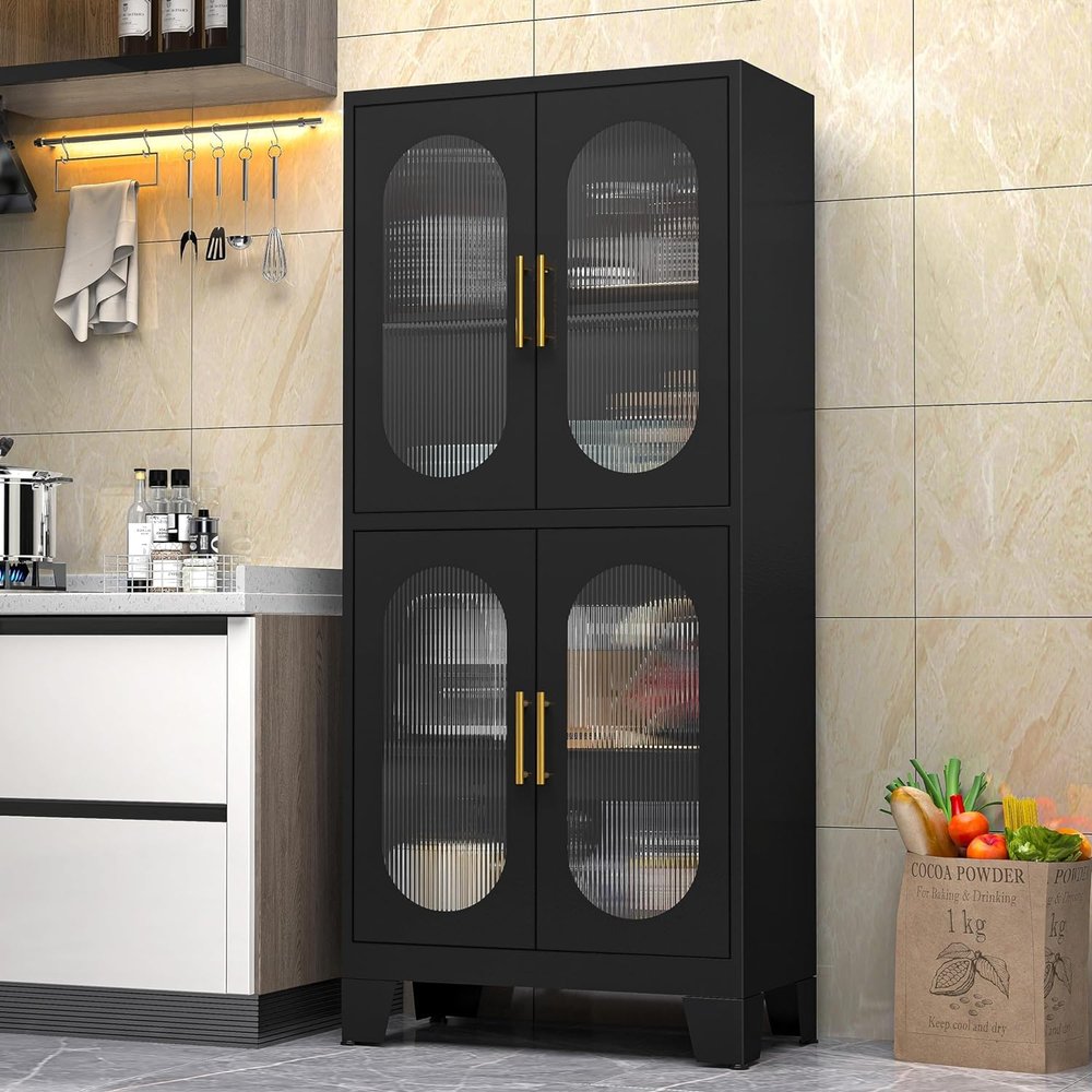 Erosoei Pantry Cabinet, 61" with Acrylic Glass Doors and Adjustable Shelves, Metal Kitchen Cabinet for Multiple Rooms