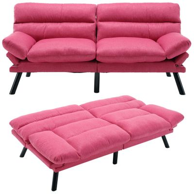 Anwick Modern Futon Couch Bed Sofa: Linen Fabric Quick Folding Armrest Space-Saving Convertible 2 Seater Loveseat for Living Room Bedroom Small Rooms Apartment (Pink) (Hot Pink)