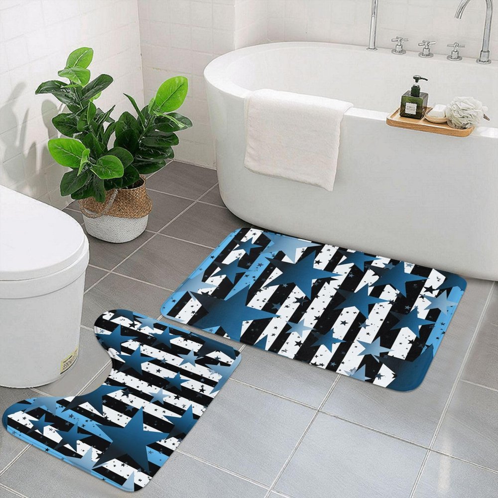 HCBPWVQA Blue Black White Stripes and Stars Bathroom Rugs Set 2 Piece Soft Absorbent Microfiber Bath Rug and U-Shaped Toilet Rug Non Slip Bath Mats for Bathroom Floor Mats