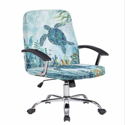DecorLovee Coastal Sea Turtle Office Chair Covers Stretchable Computer Gaming Chair Cover, Teal Blue Nautical Summer Beach Coral Universal Desk Chair Covers Removable Chair Slipcover with Zipper, L
