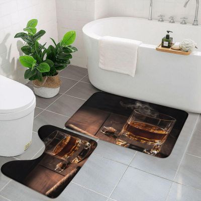 HCBPWVQA Cigar & Whiskey Bathroom Rugs Set 2 Piece Soft Absorbent Microfiber Bath Rug and U-Shaped Toilet Rug Non Slip Bath Mats for Bathroom Floor Mats, Black