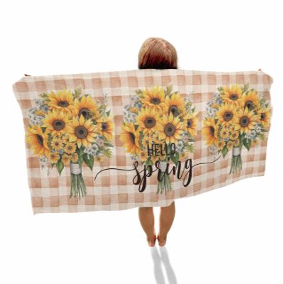 ALAGEO Beach Towel Hello Sunflowers Large Beach Towels Oversized 35x70 inch Brown Buffalo Plaid Spring Plant Lightweight Travel Towel,Soft Beach Bath Towel Swim Towels