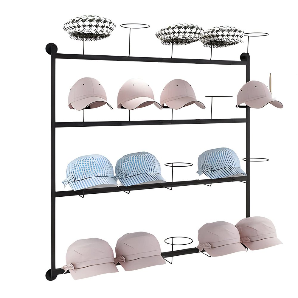 SmPinnaA Wall Mount Hat Racks Holder with 20 Hoops, Large Capacity Modern Metal Wig Display Stand for Baseball Caps/Cowboy Hats/Fedora Hats, Easy to Assemble, Black