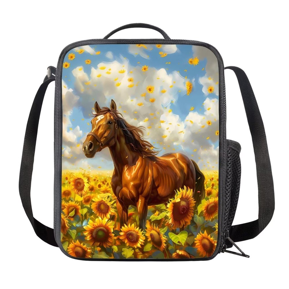 KUIFORTI Lunch Box Insulated Lunch Bag for Kids Large Lunch Box for Girls Boys Lunchbox Large Mesh Side Pockets,Horse Sunflower