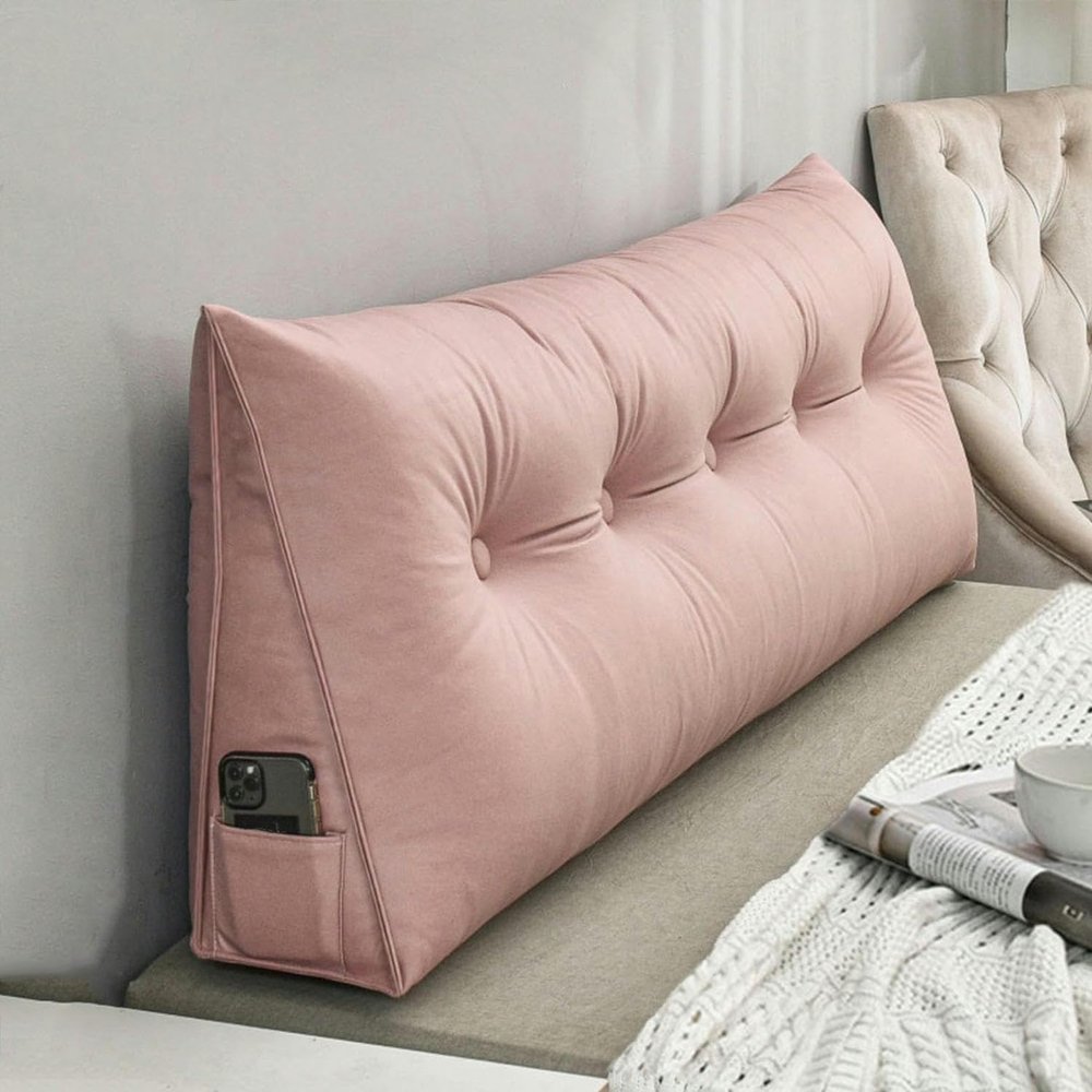 MOUNW Triangular Headboard Pillow Daybed Back Wedge Pillow Large Bolster Reading Backrest Pillow Body Positioning Support Cushion with Removable Cover, Pink