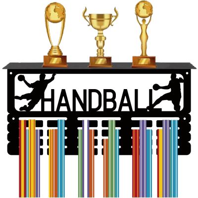 CREATCABIN Medal Trophy Holder Handball Medal Hanger Display with Shelf Black Sports Rack Iron Frame Wall Mount Metal Medal Showcase Hooks for Hanging Medals Hand Ball Player Medalist 15.7 x 7.9Inch