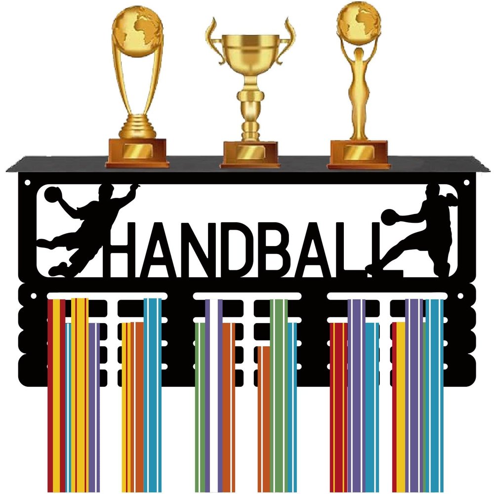 CREATCABIN Medal Trophy Holder Handball Medal Hanger Display with Shelf Black Sports Rack Iron Frame Wall Mount Metal Medal Showcase Hooks for Hanging Medals Hand Ball Player Medalist 15.7 x 7.9Inch
