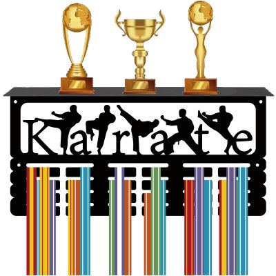 CREATCABIN Karate Medal Hanger Display Medal Holder with Shelf Trophy Rack Sports Iron Frame Wall Mount Metal Medal Hooks Organizer for Hanging Medals Awards Kongshoudao Taekwondo 15.7 x 7.9Inch Black