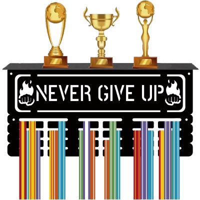 CREATCABIN Never Give Up Medal Hanger Display Medal Holder with Shelf Trophy Rack Sports Frame Wall Mount Medal Hooks Hanging Awards for Running Swimming Marathon Gymnastics Medals 15.7 x 7.9Inch