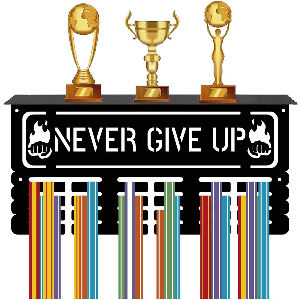 CREATCABIN Never Give Up Medal Hanger Display Medal Holder with Shelf Trophy Rack Sports Frame Wall Mount Medal Hooks Hanging Awards for Running Swimming Marathon Gymnastics Medals 15.7 x 7.9Inch