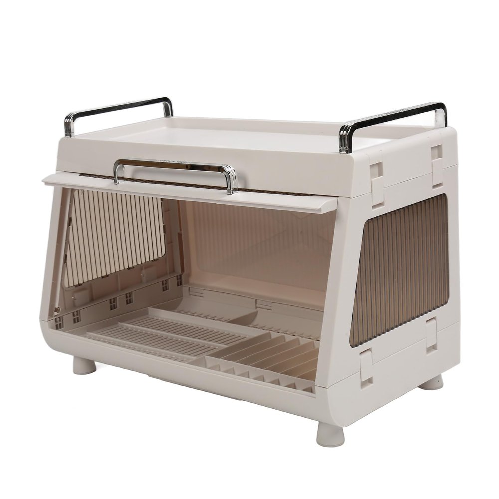 Dish Drying Rack Container Dish Storage Rack Cupboard with Cover Drain Storage Box Storage Rack Versatile Tableware Storage Box with Lid for Home Kitchen (Brown)