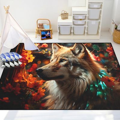 Wolf Rugs for Bedroom - Kids Wolf Rug for Room Animal Themed Carpet for Living Room Cartoon Mats for Teens Decor for Dining Room Floor Mat, 3x5 Feet