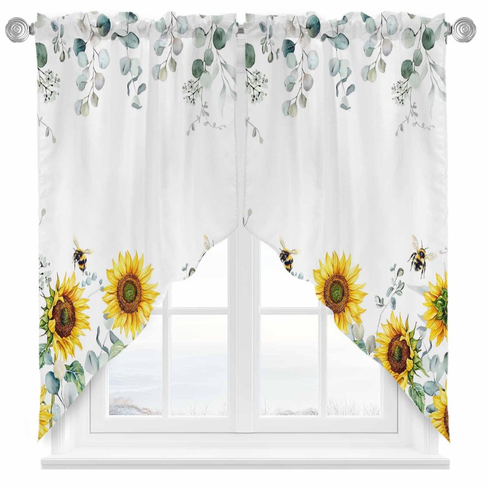 ARTSHOWING Swag Curtain Valances for Windwos Flowers Kitchen Scalloped Valance/Swags Rod Pocket Window Curtain Pastoral Style Yellow Sunflower Valances for Living Room Bedroom, 28"x36"x2