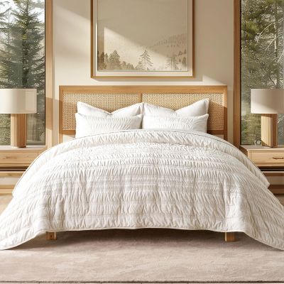 EVERGRACE Luxury Ruched Velvet Quilt King Size, Ultra Soft Bedspread Coverlet Set, Lightweight Velvet Comforter, Quilted Bedding Cover with 2 Matching Shams for All Season, Ivory White