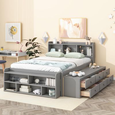 Brisca Full Size Platform Bed with Storage Headboard and 6 Drawers,Bed Frame W/Bed-end Storage- Case,for Bedroom,Apartment,Guest Room,Easy Assembly,Grey