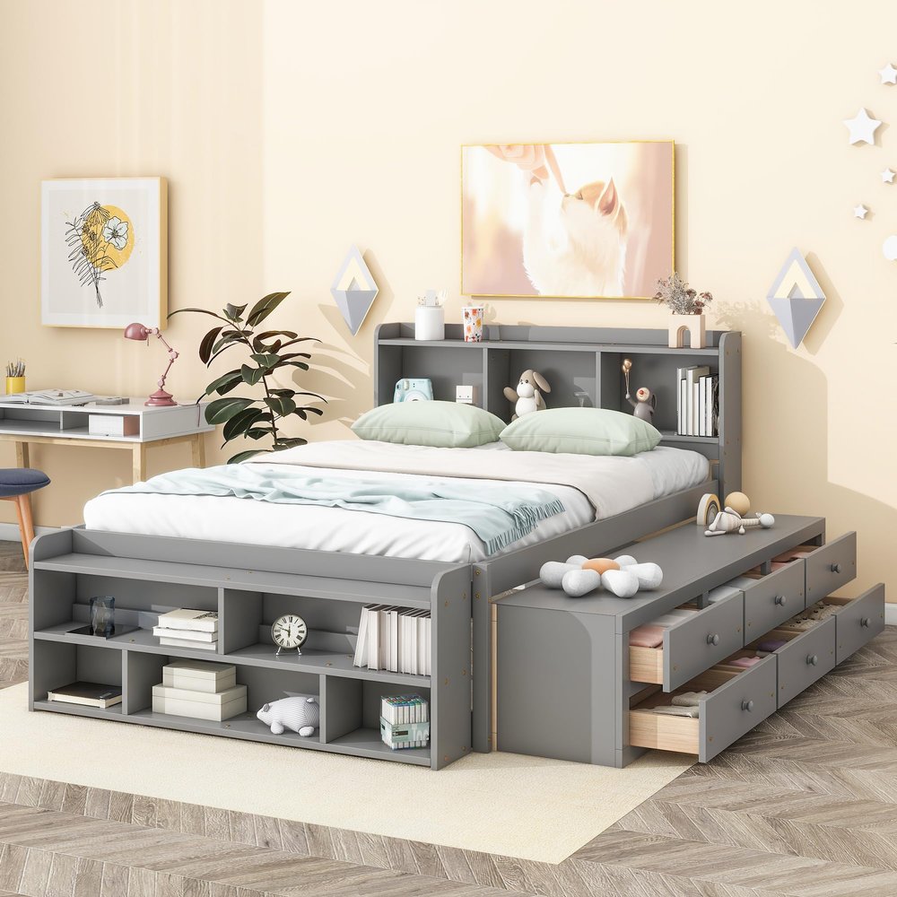 Brisca Full Size Platform Bed with Storage Headboard and 6 Drawers,Bed Frame W/Bed-end Storage- Case,for Bedroom,Apartment,Guest Room,Easy Assembly,Grey