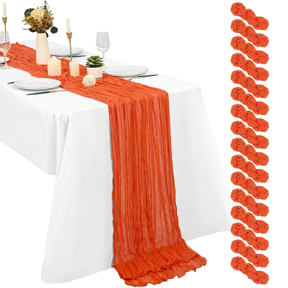 16 Pack Cheesecloth Boho Gauze Table Runner, 21x120 Inch - Rustic Romantic Long Table Runner for Wedding Party Bridal Shower Thanksgiving Christmas Decoration (Orange)