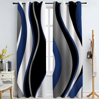 FNOIMO Blue and White Abstract Water Blackout Curtains, Black and Gray Geometric Medieval Lines Window Curtains, Thermal Insulated Window Drapes, for Living Room Bedroom Office 52" W x 84" L
