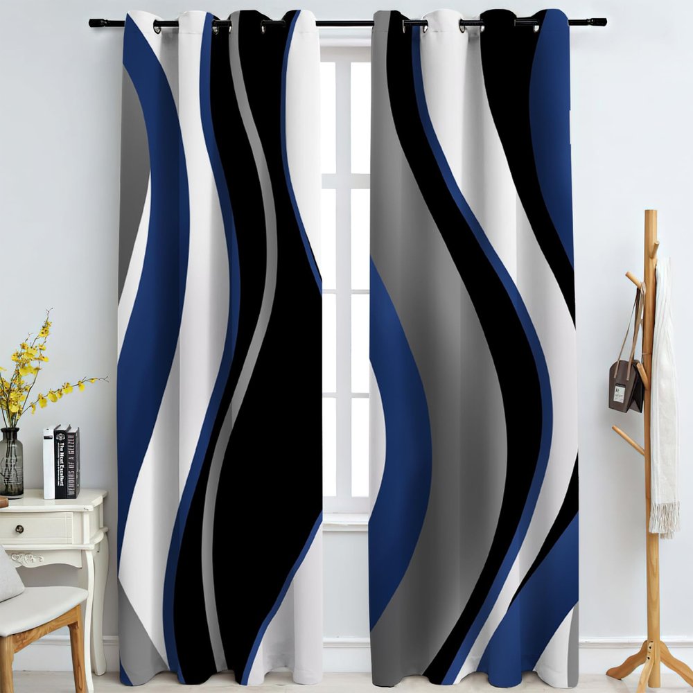 FNOIMO Blue and White Abstract Water Blackout Curtains, Black and Gray Geometric Medieval Lines Window Curtains, Thermal Insulated Window Drapes, for Living Room Bedroom Office 52" W x 84" L