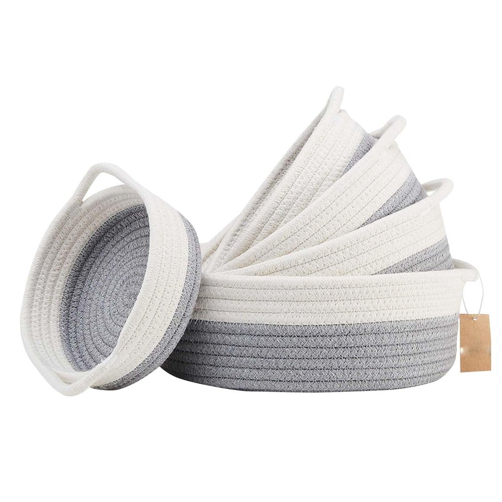 5 Piece Round Small Woven Baskets Set, Cotton Rope Baskets for Organizing, Fruits Remotes Key Tray Bowl for Entryway Desk, Shallow Home Dcor, Cat Dog Gift (Grey)