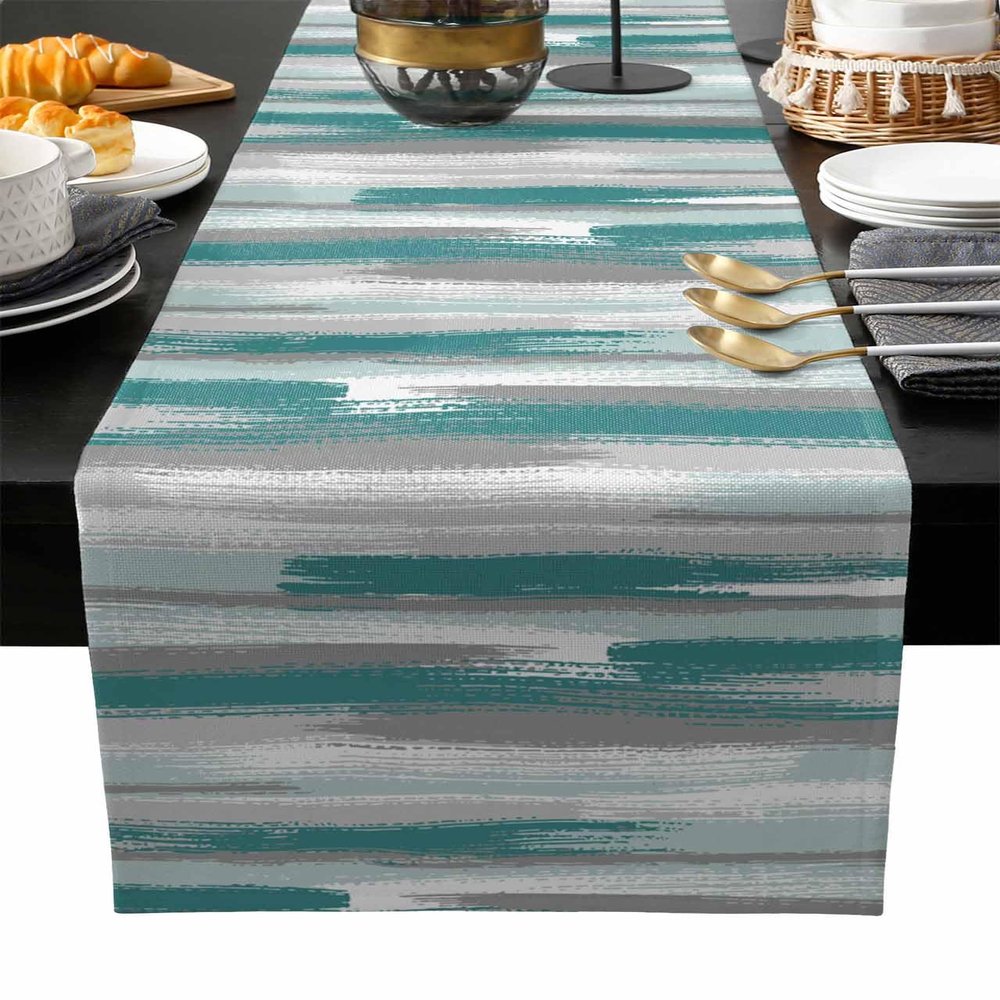 Abstract Table Runner Dresser Scarves, Blue Geometric Line Paint Texture Dining Table Runners, Modern Washable Non-Slip Rectangle Table Setting Decor for Party Holiday Dinner, 13x72