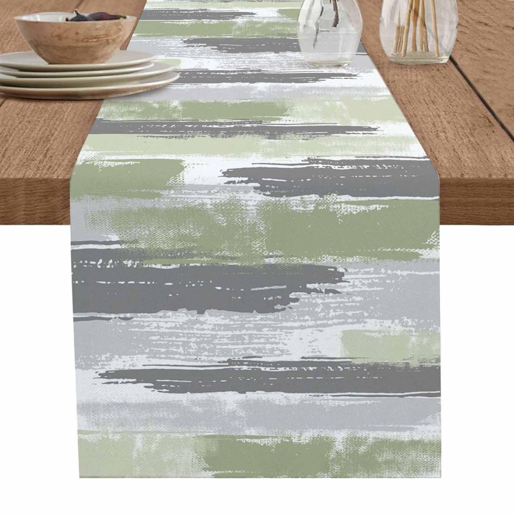 Abstract Table Runner Dresser Scarves, Sage Green Geometric Line Paint Texture Dining Table Runners, Modern Washable Non-Slip Rectangle Table Setting Decor for Party Holiday Dinner, 18x72