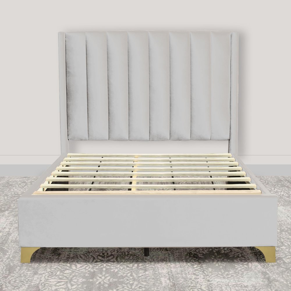 Greaton, Vinyl Upholstered Bed Frame, Decorative Attractive Headboard, Long Lasting Durable, Includes 3 Color Legs to Choose Gold, Silver and Black,Queen, White