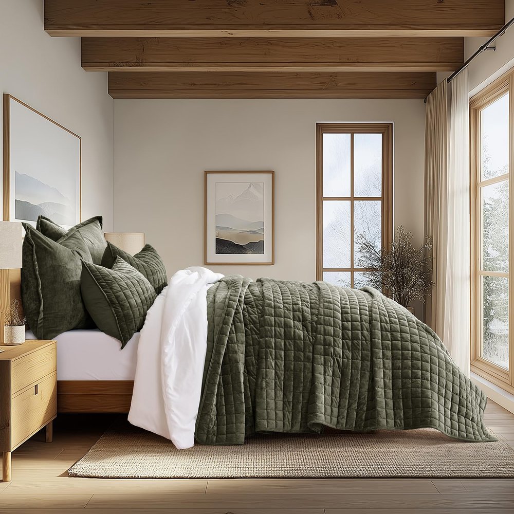 RECYCO Luxury Velvet Quilt Set Twin/Twin XL Size, Lightweight Velvet Comforter Set, Oversized Bedspread Coverlet Quilted Bedding Set, with 1 Matching Pillow Sham, for All Season, Olive Green
