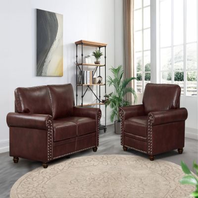 2 Piece Faux Leather Sofa Set,Modern Chair and Loveseat Sets with Storage,Mid Century Couch with Rivet Rolled Arm,Comfy Deep Seat Sofa,Furniture for Living Room,Office(Armchair+Loveseat,Burgundy)