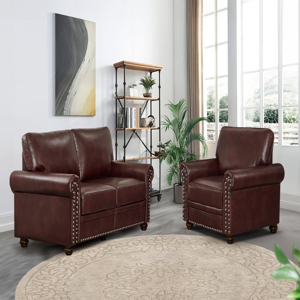 2 Piece Faux Leather Sofa Set,Modern Chair and Loveseat Sets with Storage,Mid Century Couch with Rivet Rolled Arm,Comfy Deep Seat Sofa,Furniture for Living Room,Office(Armchair+Loveseat,Burgundy)
