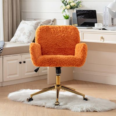 HomVent Furry Cute Office Desk Chair,Modern Faux Fur Desk Chair,Faux Fur Makeup Vanity Chair with Wheels & Gold Base,Adjustable Swivel Ergonomic Office Chair for Girl Women Vanity Bedroom Study Orange