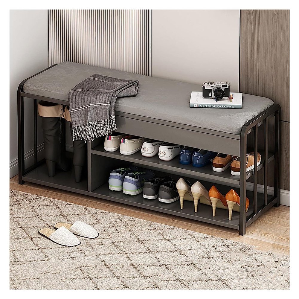 HAOKAZLBR Shoe Bench for Front Door Entrance Furniture, Shoe Storage Bench with Foam Padded Seat, 2-Tier Wooden Shoe Bench with Storage Space, Entryway Shoe Bench, Metal Frame (Size : 60 * 30 * 45CM)