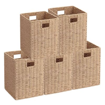 WENFOME 5Pcs Woven Shelf Baskets, 10.5'' Paper Rope Handmade Open Storage Bins, Light Brown Pantry Baskets Organization Basket Foldable Storage Bins for Bedroom, Cubby Cubes Wicker Basket with Handles