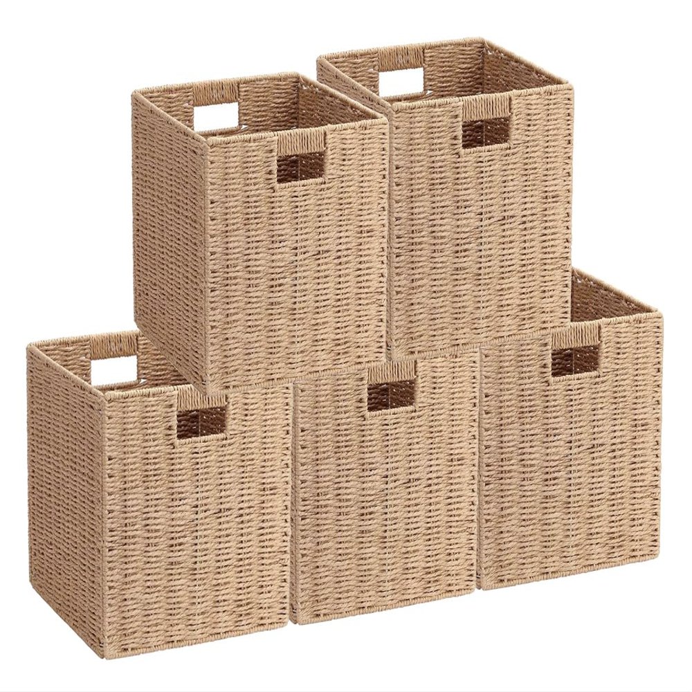 WENFOME 5Pcs Woven Shelf Baskets, 10.5'' Paper Rope Handmade Open Storage Bins, Light Brown Pantry Baskets Organization Basket Foldable Storage Bins for Bedroom, Cubby Cubes Wicker Basket with Handles