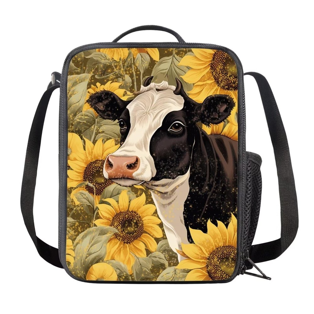KUIFORTI Girls Lunch Box Kids Lunch Bag Women Lunch Bags for Work,Boys Lunchbox Accessories for kids Lunches Cute Lunchboxes for Teen Girls,Cow Print Sunflower