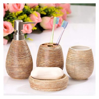 GRDDBZA Art Soap Dispenser for Bathroom Kitchen Hotel, Fashionable and Simple Bathroom Toiletries Ceramic Four-Piece Straw Pattern Combination Mouthwash Cup Soap Box Soap Bottle (Color : A)