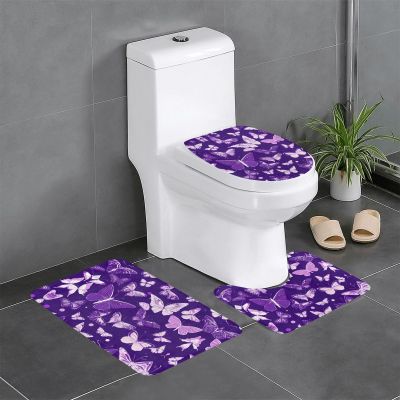 Purple Butterflies Floral Bathroom Carpet Set-Elegant Bathroom Mat,U-Shaped Area Rug, Toilet Lid Cover Decor