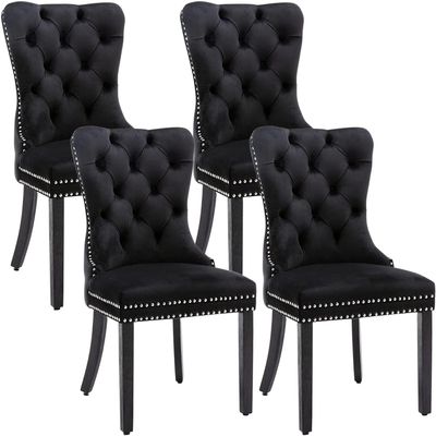 Eifizek Velvet Dining Chairs Set of 4, Upholstered Dining Room Chairs with Nailhead Ring Pull Trim, Button Tufted Wing Back Chairs for Dining with Solid Wood Legs for Kitchen Dining Room(Black)