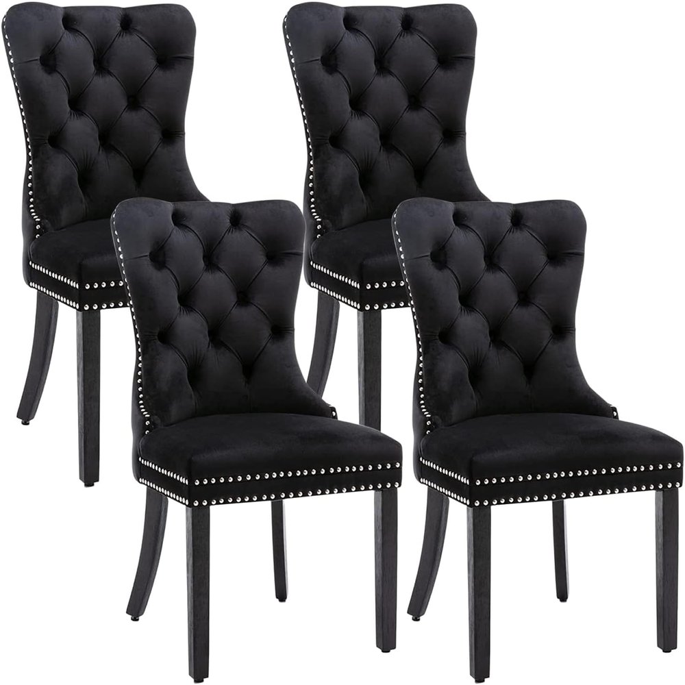 Eifizek Velvet Dining Chairs Set of 4, Upholstered Dining Room Chairs with Nailhead Ring Pull Trim, Button Tufted Wing Back Chairs for Dining with Solid Wood Legs for Kitchen Dining Room(Black)