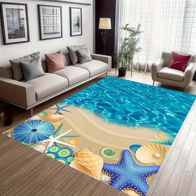 ZLXMN Blue Ocean Starfish Area Rug 4x6ft,Tropical Ocean Beach and Sea Print Non-Slip Carpet, Seaside Sea View Modern Coastal Rug for Living Room Hallway Bedroom Washable Floor Mat