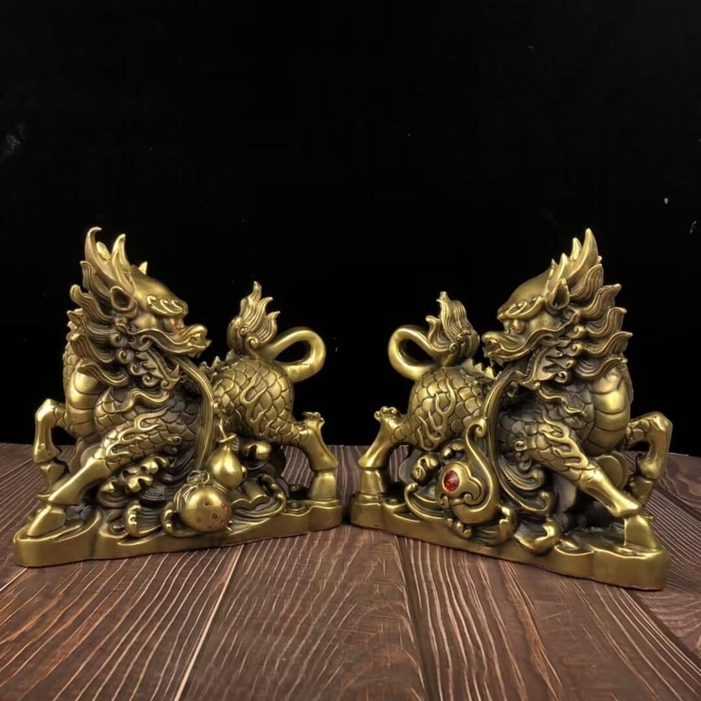 MEIXiHH Bronze Qilin Pair of Statues, Home Crafts Collection, Feng Shui Fortune,, 24*12*24cm4.5kg